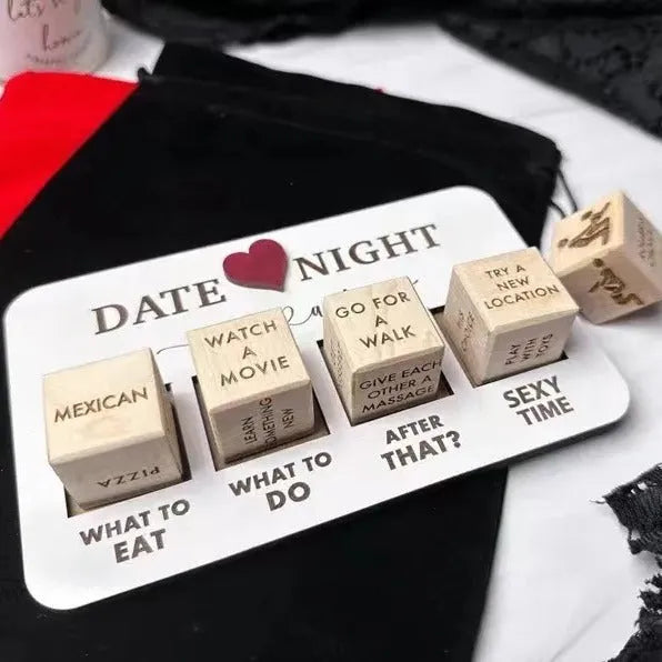 Wooden date night dice set with five dice, date planner board, and black storage bag