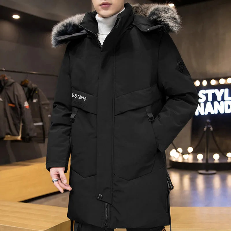 Men's long down jacket with white duck down filler, polyester lining, green or black, sizes M-3XL