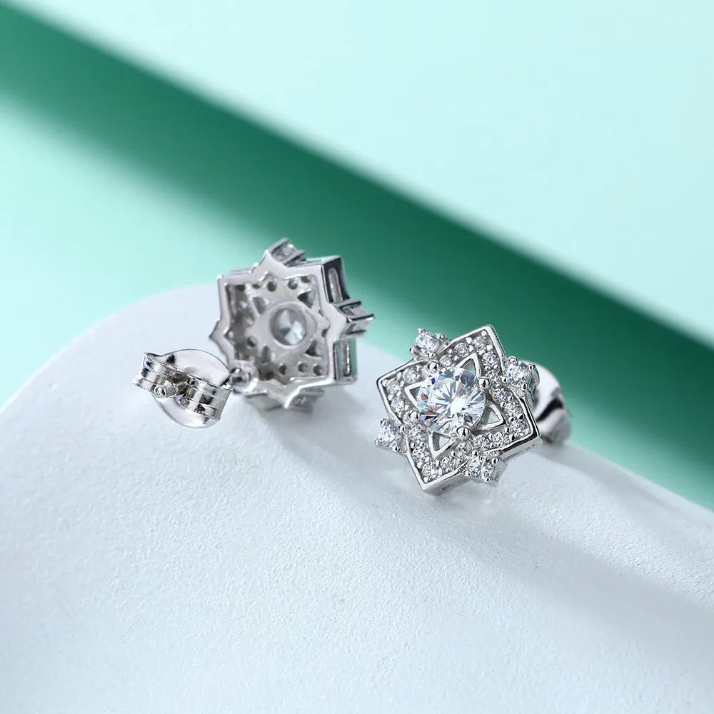 S925 sterling silver flower and star stud earrings with inlaid zircon and 4x4mm main stones in white gold colour