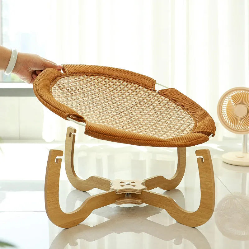 Brown woven rattan pet hammock measuring 46x46cm with 17.5cm elevation off ground