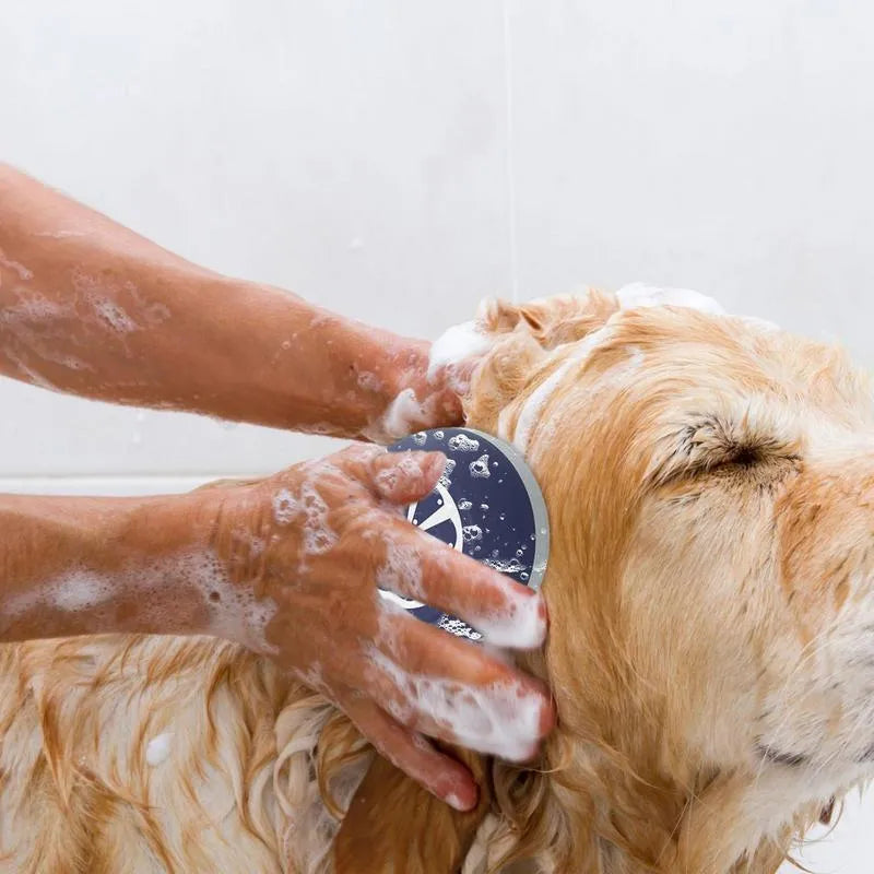 3-in-1 dog shampoo massage brush in blue, grey, or yellow colours for pet bathing