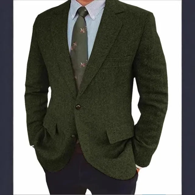 Men's brown herringbone retro suit jacket with long sleeves on a hanger.