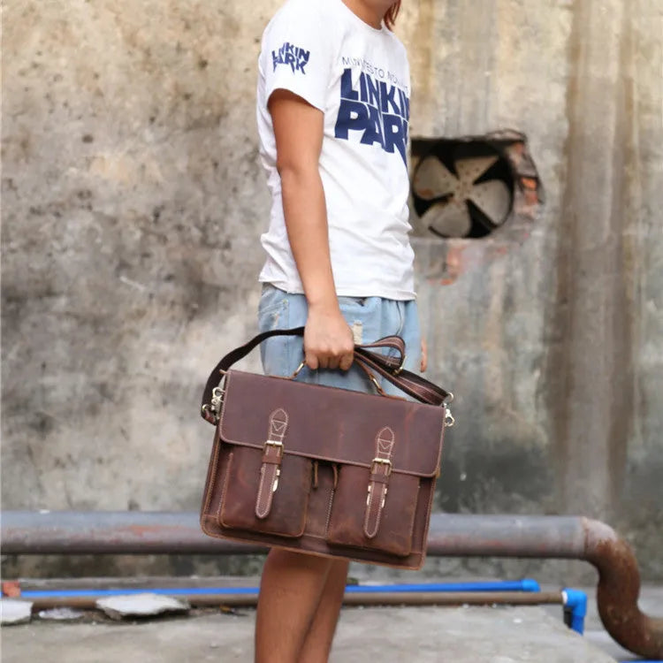 Small yellow brown Crazy Horse leather messenger bag with shoulder strap for men