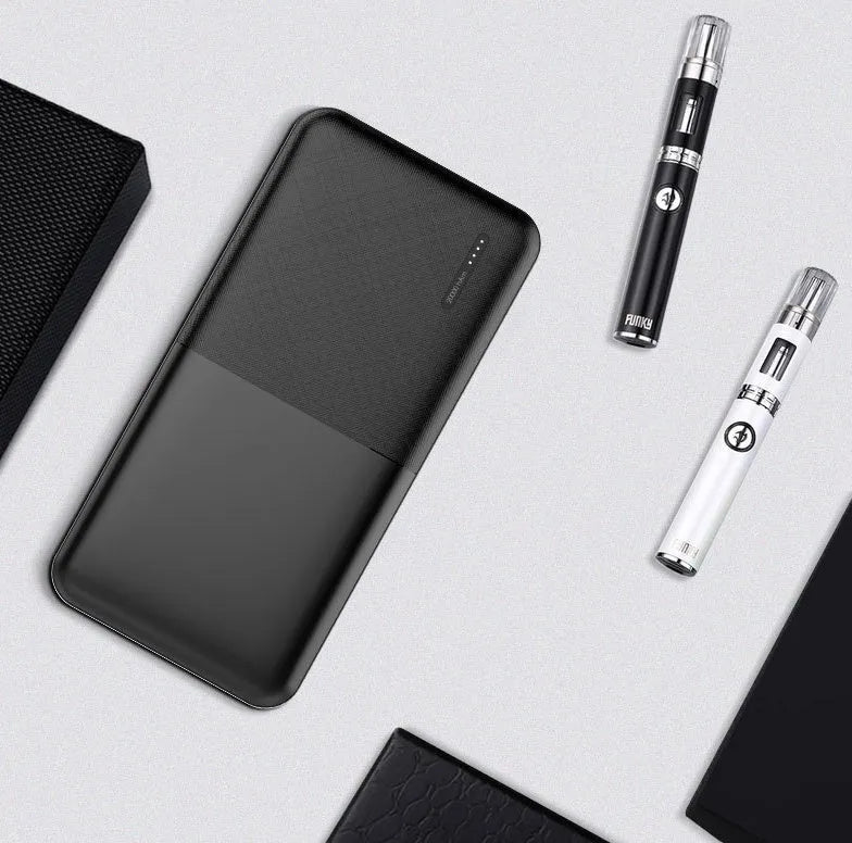 Black and white 20000 mAh power bank showing front view with USB ports