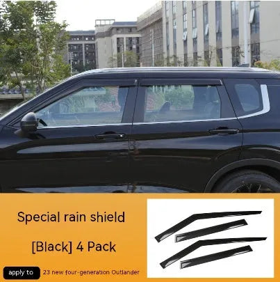 Black and translucent plastic window deflectors installed on a grey Mitsubishi Outlander SUV.