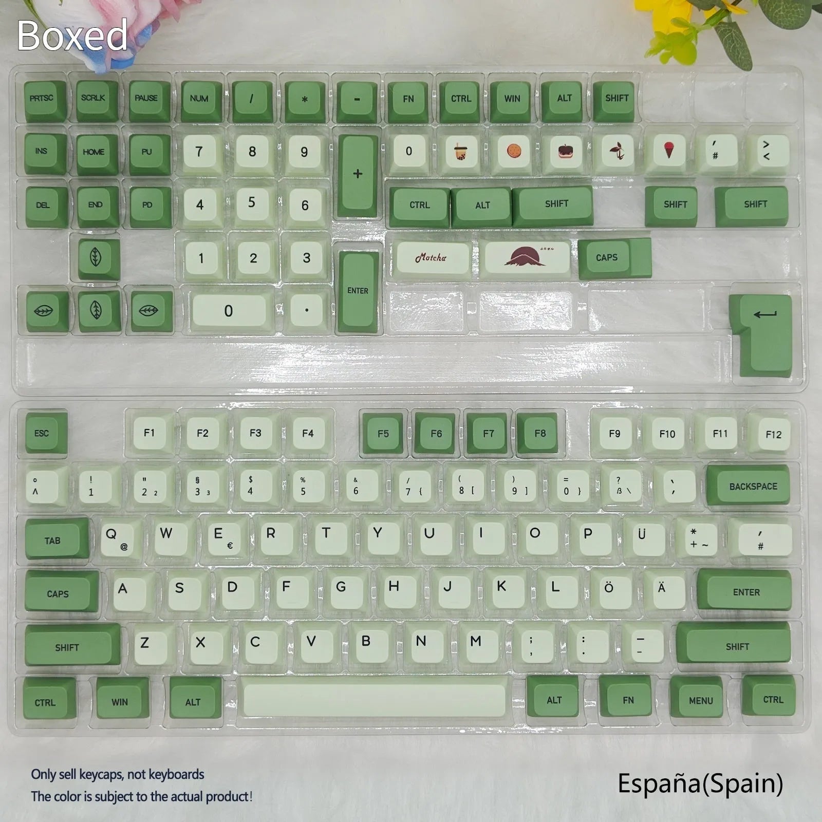 124 Matcha green PBT keycaps with white dye-sublimated legends, arranged in a keyboard layout.
