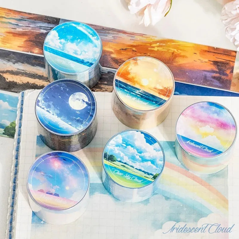 Japanese paper decorative tape roll with sky theme designs showing colourful clouds, twilight, and moonlight sky colour variations