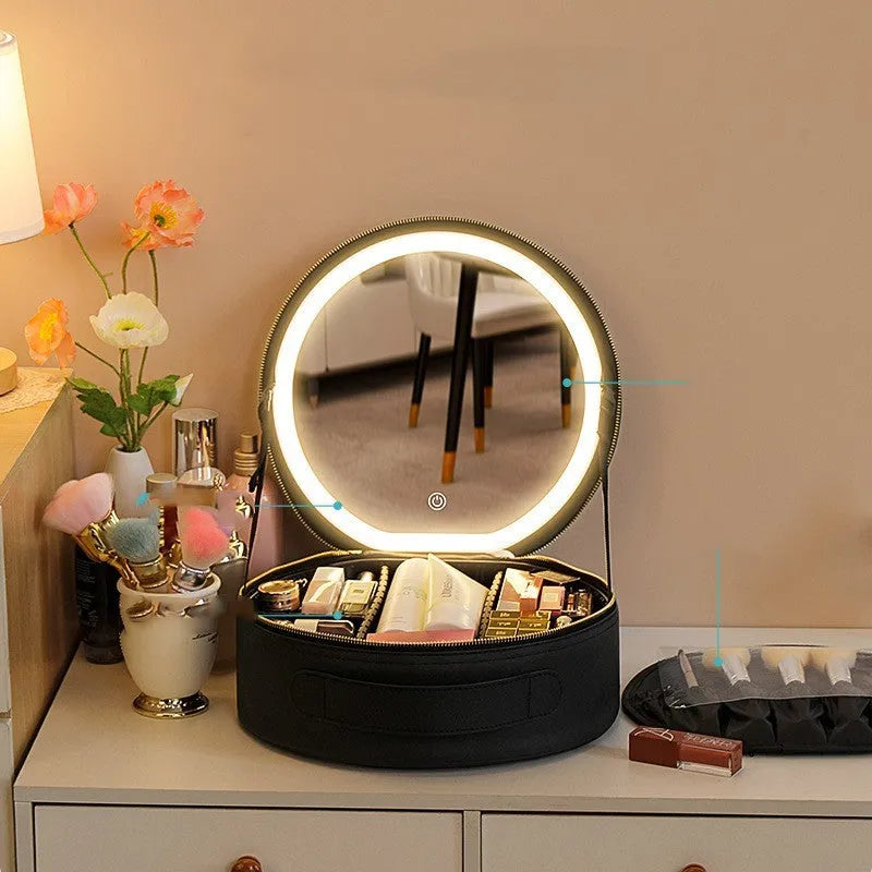 Round pink smart LED makeup bag with mirror lights open, showing internal partitions and adjustable lighting.