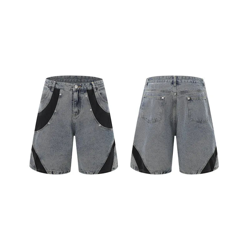 Retro washed denim suit set with short-sleeved jacket and trousers in black or blue, 100% Vinylon fabric