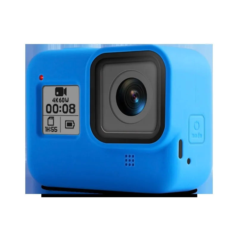 Blue silicone protective sleeve and wrist strap for GoPro Hero8 Black camera with app bag.