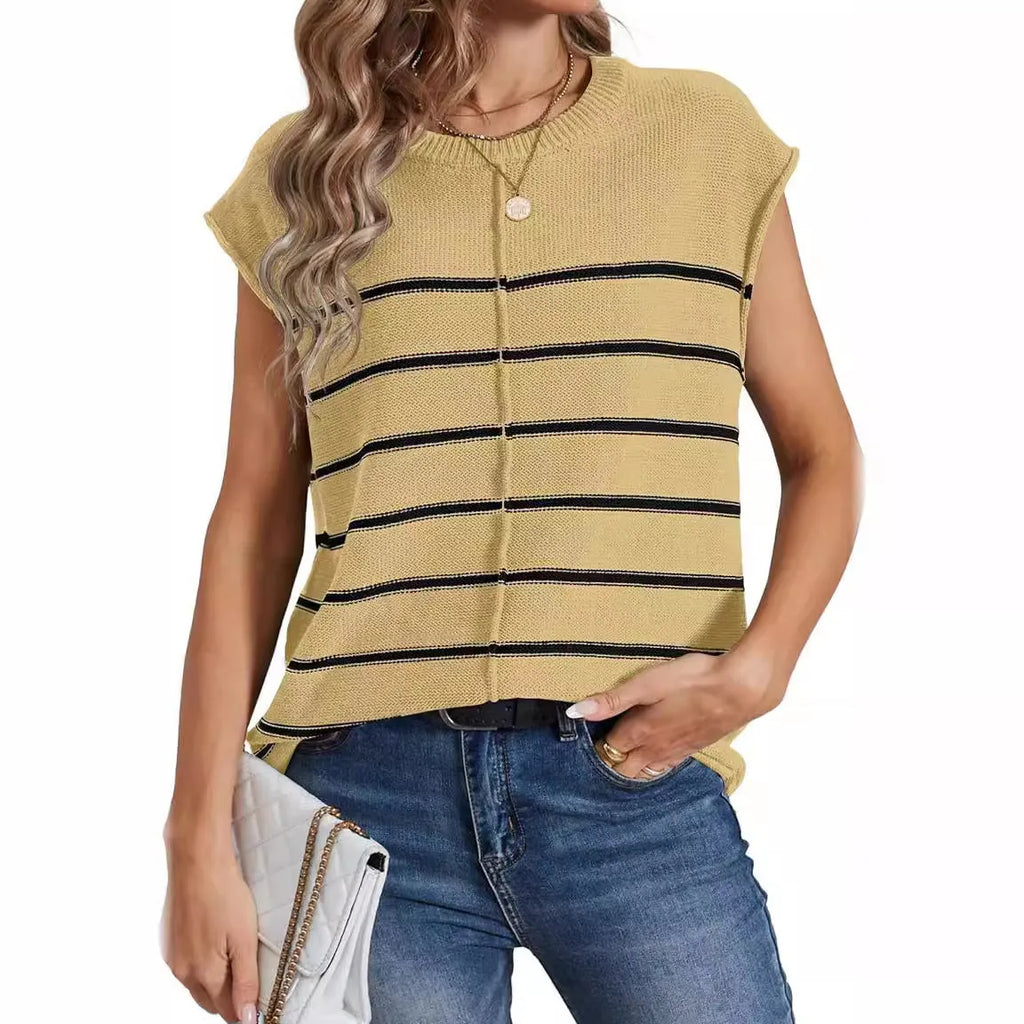 Women's striped sleeveless vest pullover with bone stitching details in multiple colour options