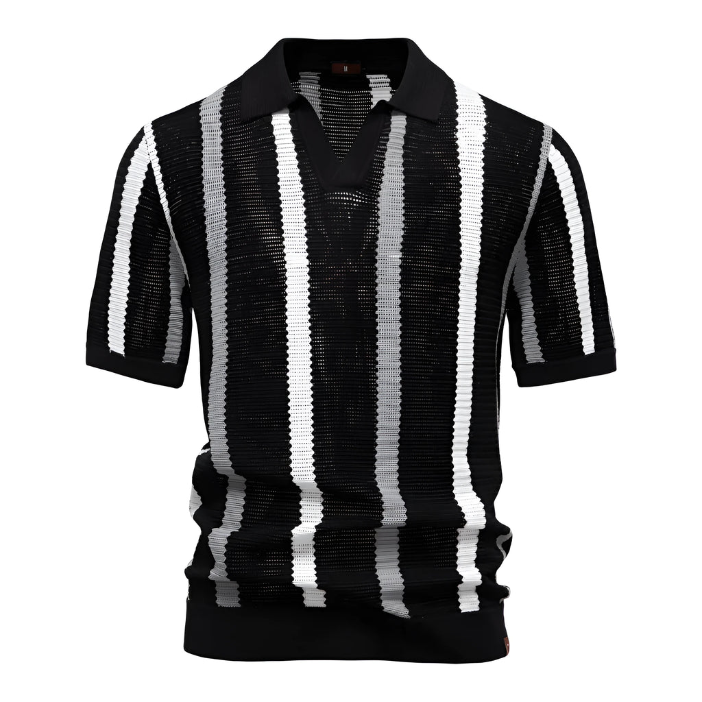 Men's striped mosaic polo shirt sweater in breathable hollow fabric available in four colours