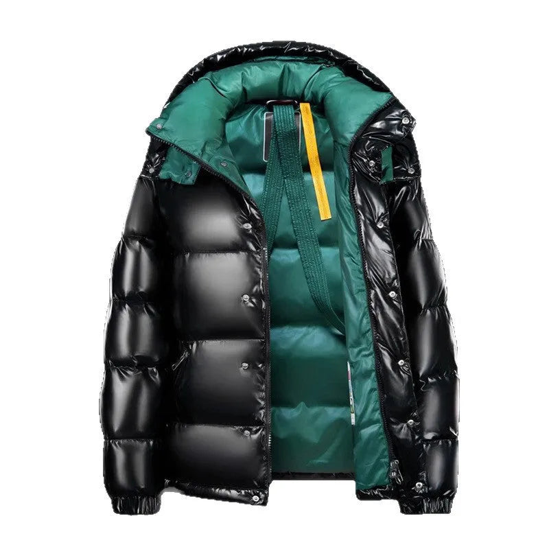 Men's white duck down warm jacket with polyester shell in black green, black, blue or orange, sizes S to 3XL