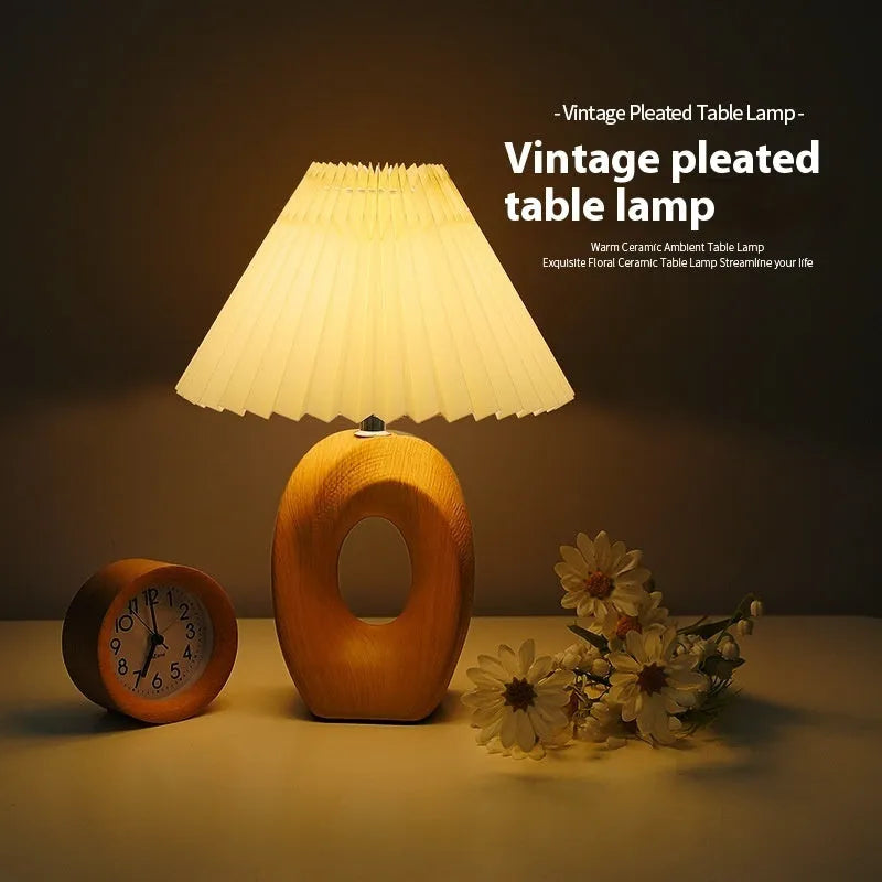 Nordic pleated vintage ceramic small night lamp with beige wood grain base and USB power