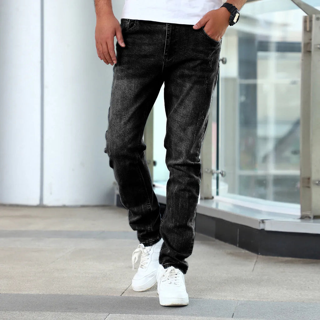 Men's skinny jeans in silver grey, blue, or black with zip fly and tight denim fit