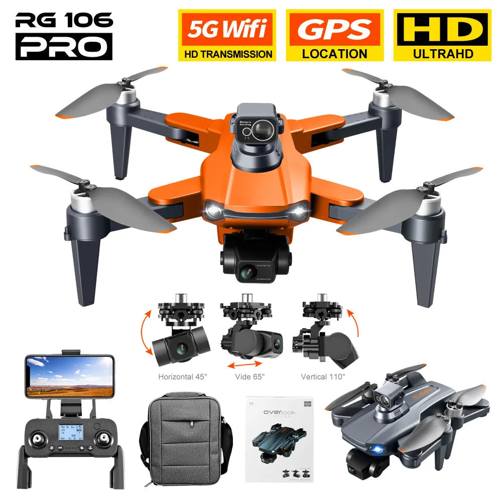 RG106PRO obstacle avoidance drone with brushless motor, GPS and three-axis gimbal, 30-50cm plastic body, metal blue or orange