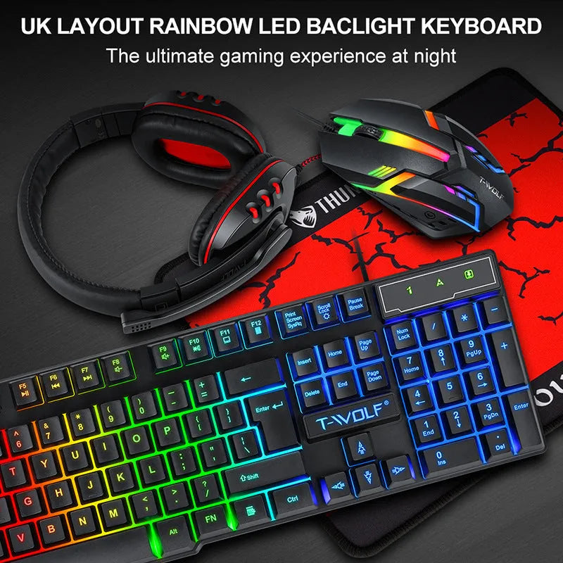 Thunder Wolf T800 wired keyboard and mouse set with headset and mouse pad on desktop