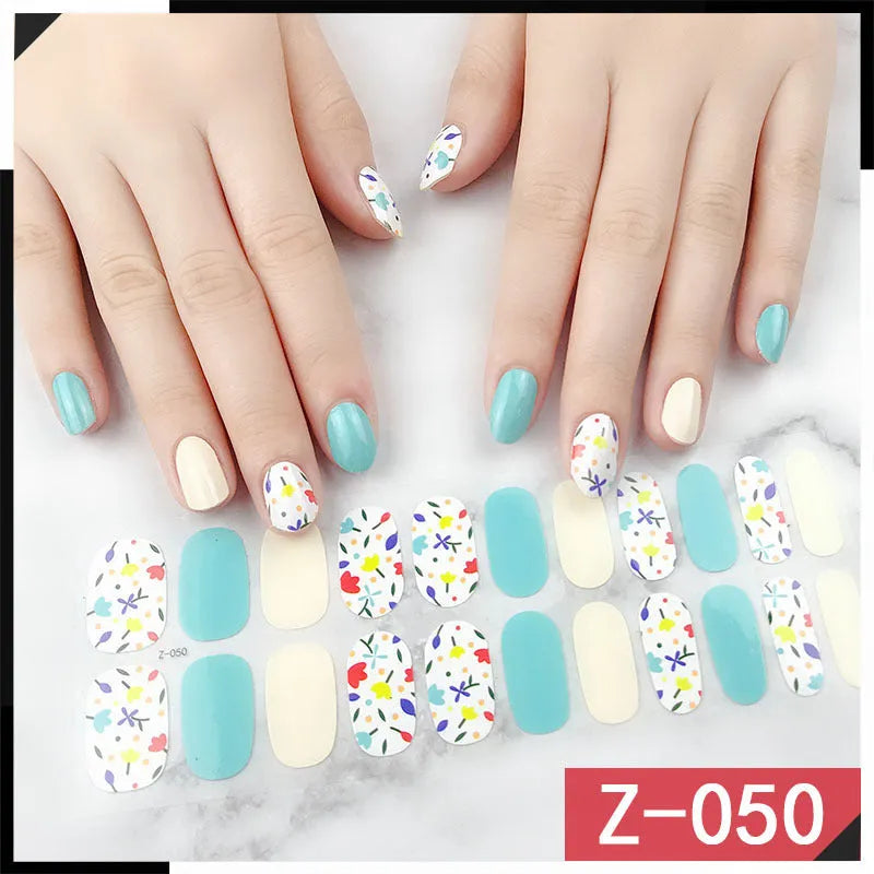 Pack of Korean nail stickers showing cartoon, strawberry, floral, and bow patterns with a nail file.