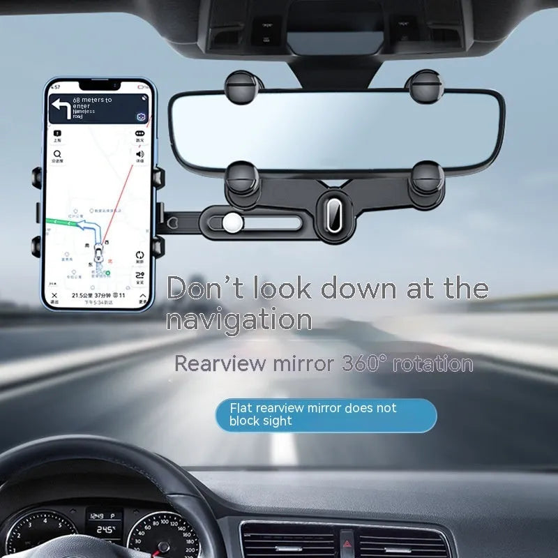 Universal retractable phone holder mounted on car rearview mirror showing 4.0-7.0 inch device capacity