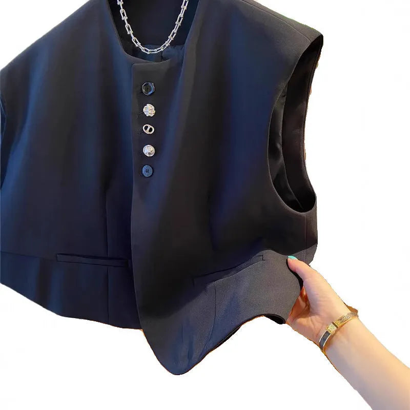 Beige loose-fitting waistcoat dress with side pockets, 40cm length, shown on mannequin