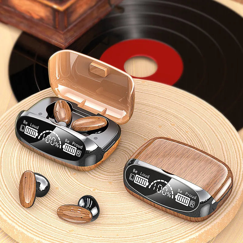 M35 wood grain true wireless Bluetooth earphones with charging case on display.