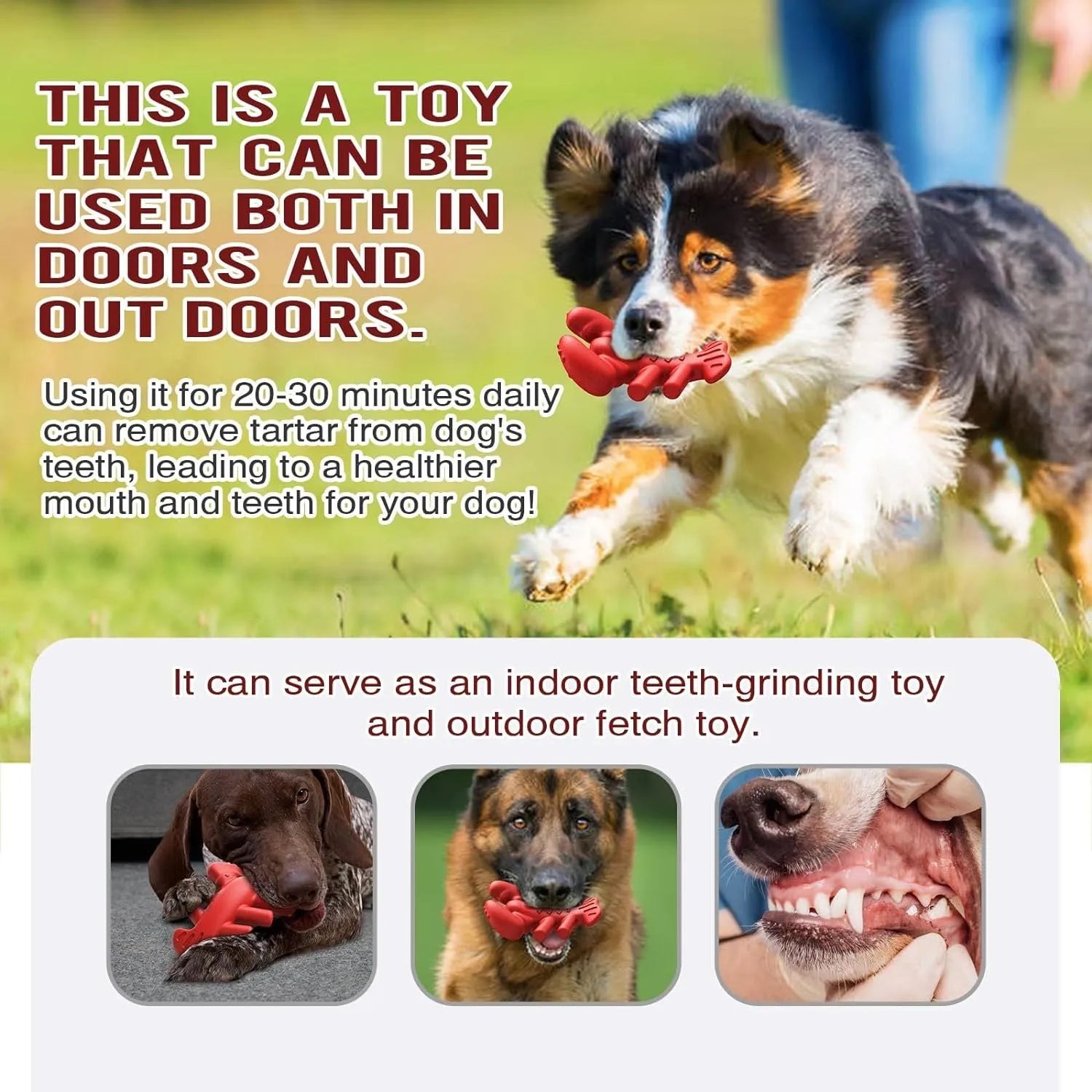 Red dog chew toy for aggressive chewers, 170mm long, 320g weight, durable hard material