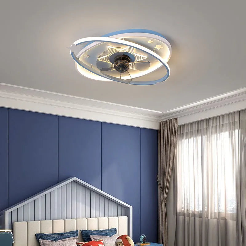 Modern simple blue children's bedroom ceiling fan light with acrylic shade and remote control.