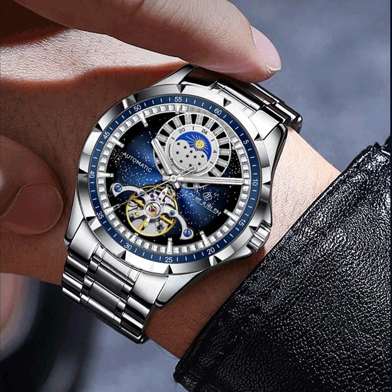Men's silver alloy case waterproof automatic watch with blue dial and stainless steel strap