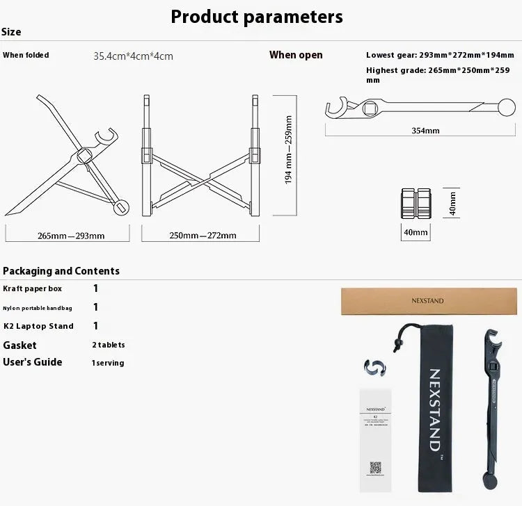 Black foldable portable laptop stand with enhanced nylon construction shown folded to 35.4cm with carrying case