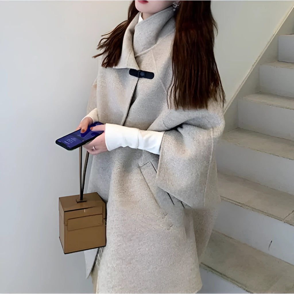 Women's oatmeal or green Korean style coat with 100cm length and flight sleeves for autumn winter wear