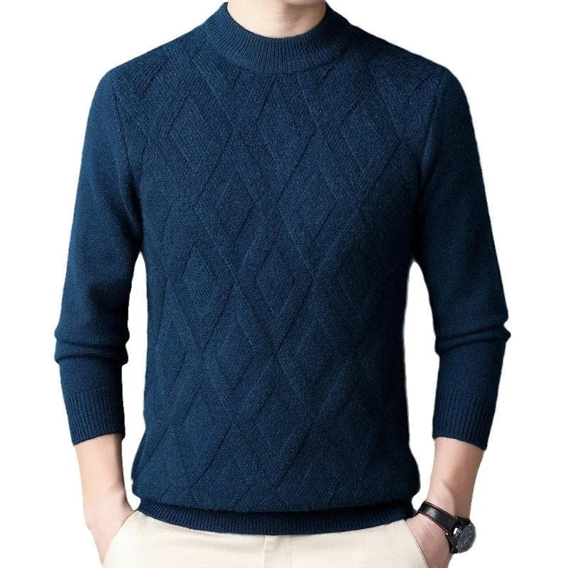 Men's winter sweater in diamond jacquard craft, available in light camel and other colours, with size options from 165 to 190 yards.