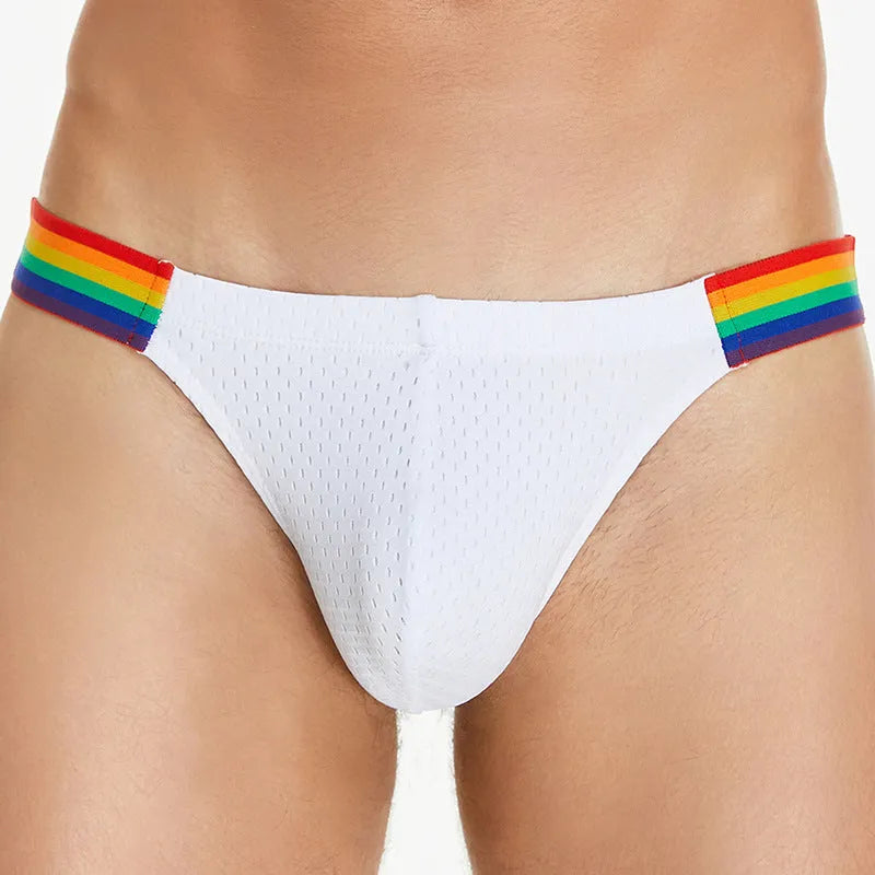 Men's low waist nylon mesh briefs with a rainbow elastic waistband, shown in a solid colour.