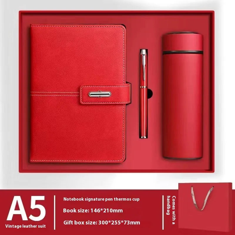 A5 notebook with imitation leather cover in various colours, open to show wood-free paper pages