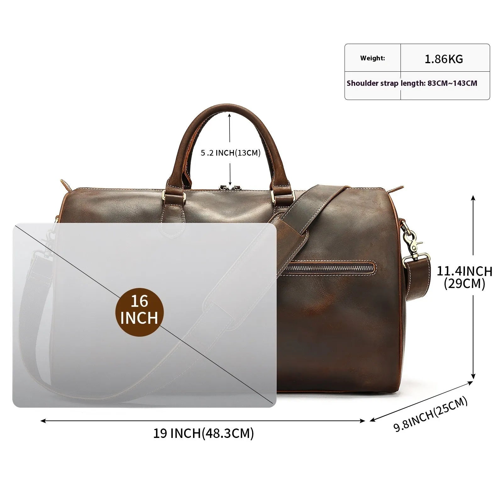 Large vintage-style genuine leather crossbody bag for men in black, shown with dimensions.