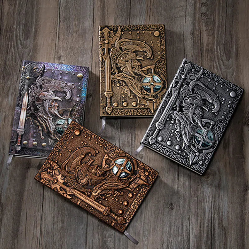 Creative Retro 3D Warriors Relief A5 Notebook with leather cover, showing embossed design and 21.5x14.5cm size