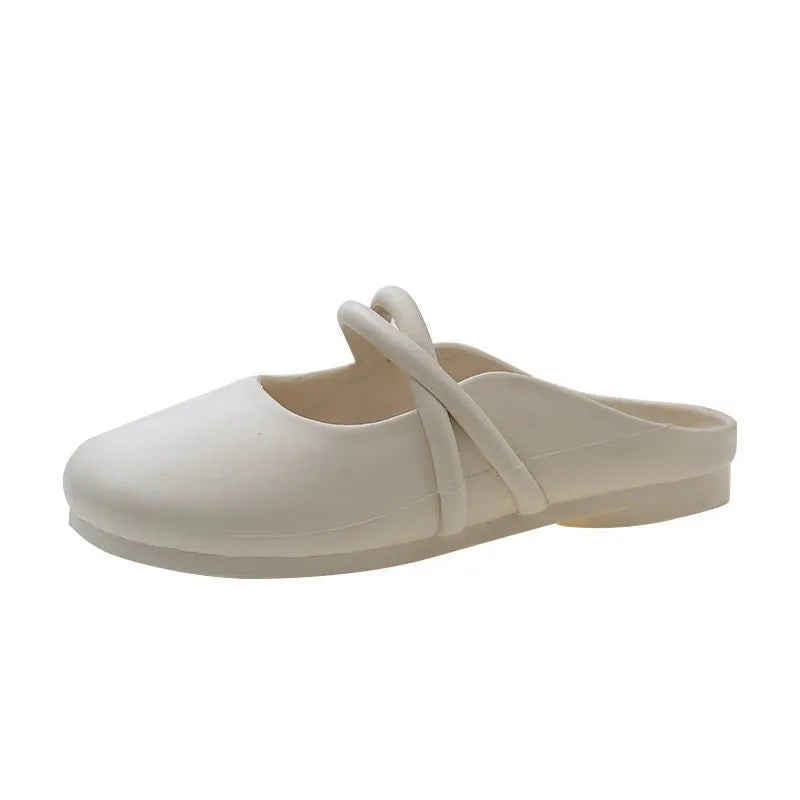 Women's Baotou flip flop sandals in plastic, shown in black, beige and green colour options.