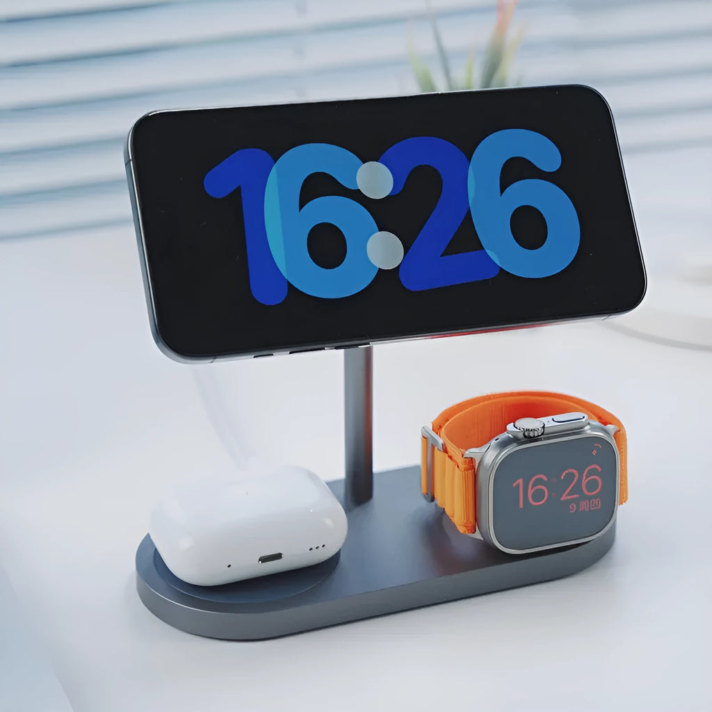 Magnetic three-in-one wireless charger in aluminium alloy with magnetic suction fixing, shown in carbon fibre, grain, gray, or silver