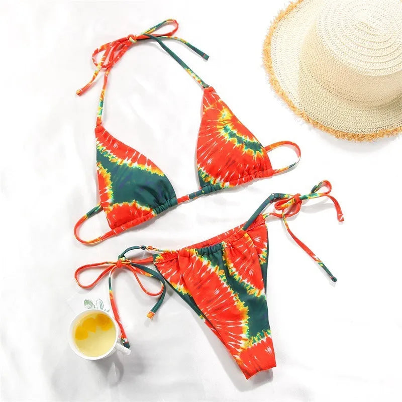 Women's polka dot split swimsuit bikini with triangle top and briefs in multiple pattern options