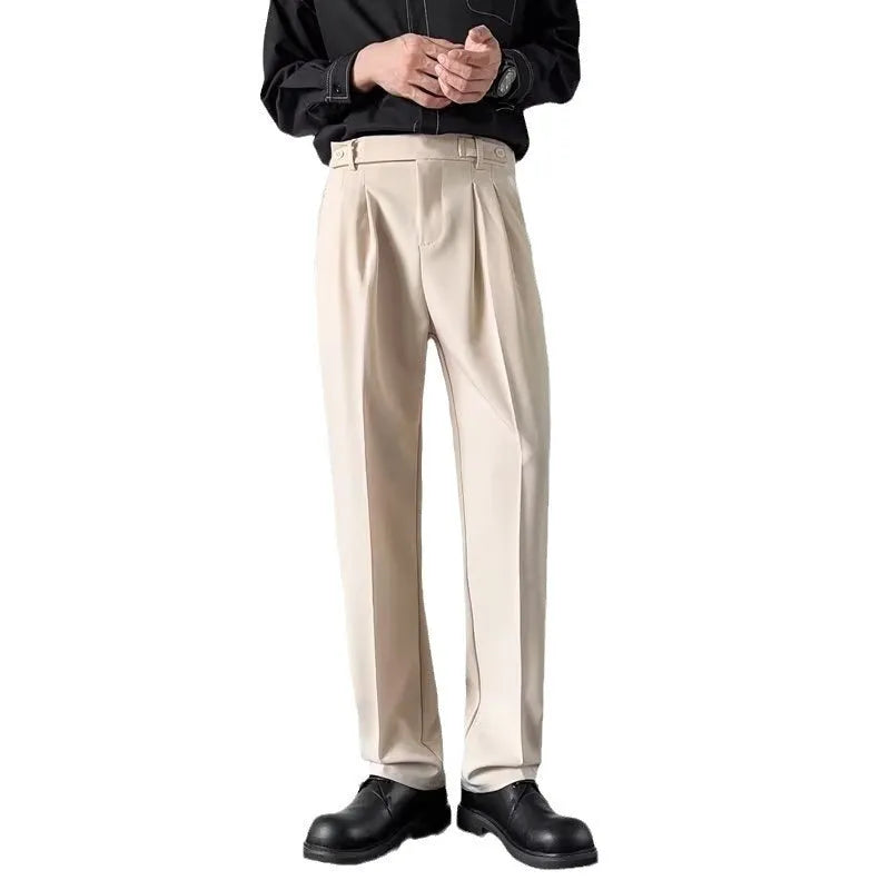 Men's straight-leg suit trousers in apricot or black colour, sizes M to 2XL, made from 100% polyester
