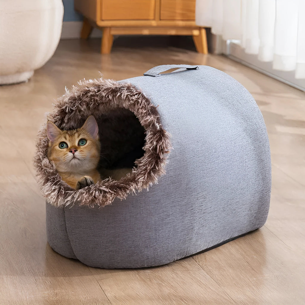 Grey fleece-lined closed cat nest sleeping bag showing enclosed design and soft cloth exterior