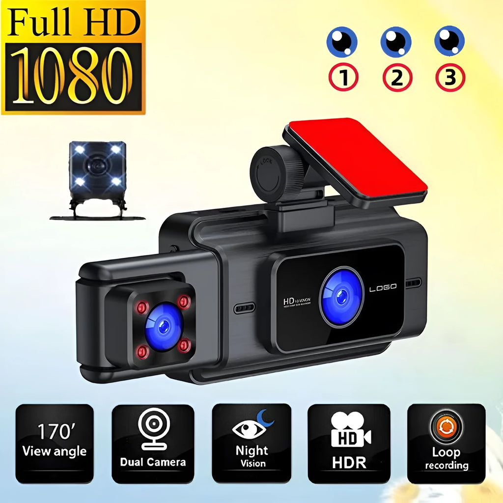 Black three-lens car dashboard camera with 3 inch screen mounted on front windshield
