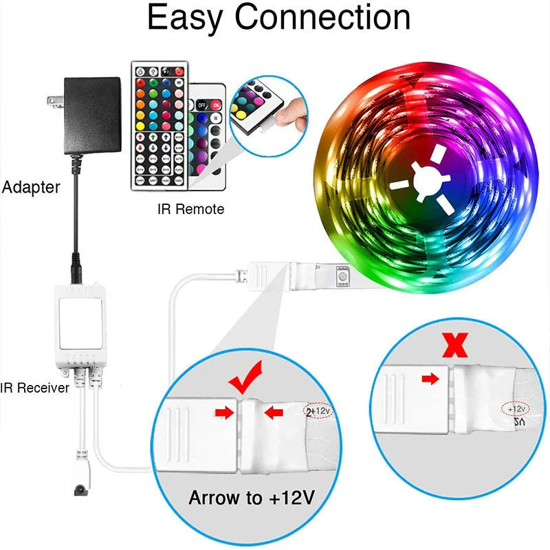 LED5050RGB44 Bluetooth light strip with 44-key remote, showing colour-changing LEDs on a 5-metre roll and IP65 waterproof epoxy coating.