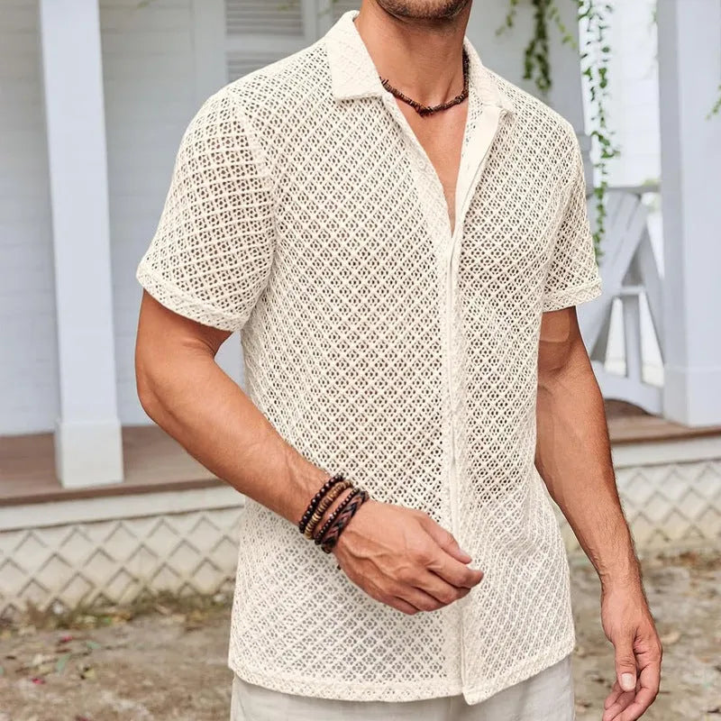 Men's short-sleeve mesh shirt with lapel in cotton-blend fabric, available in multiple colours and sizes