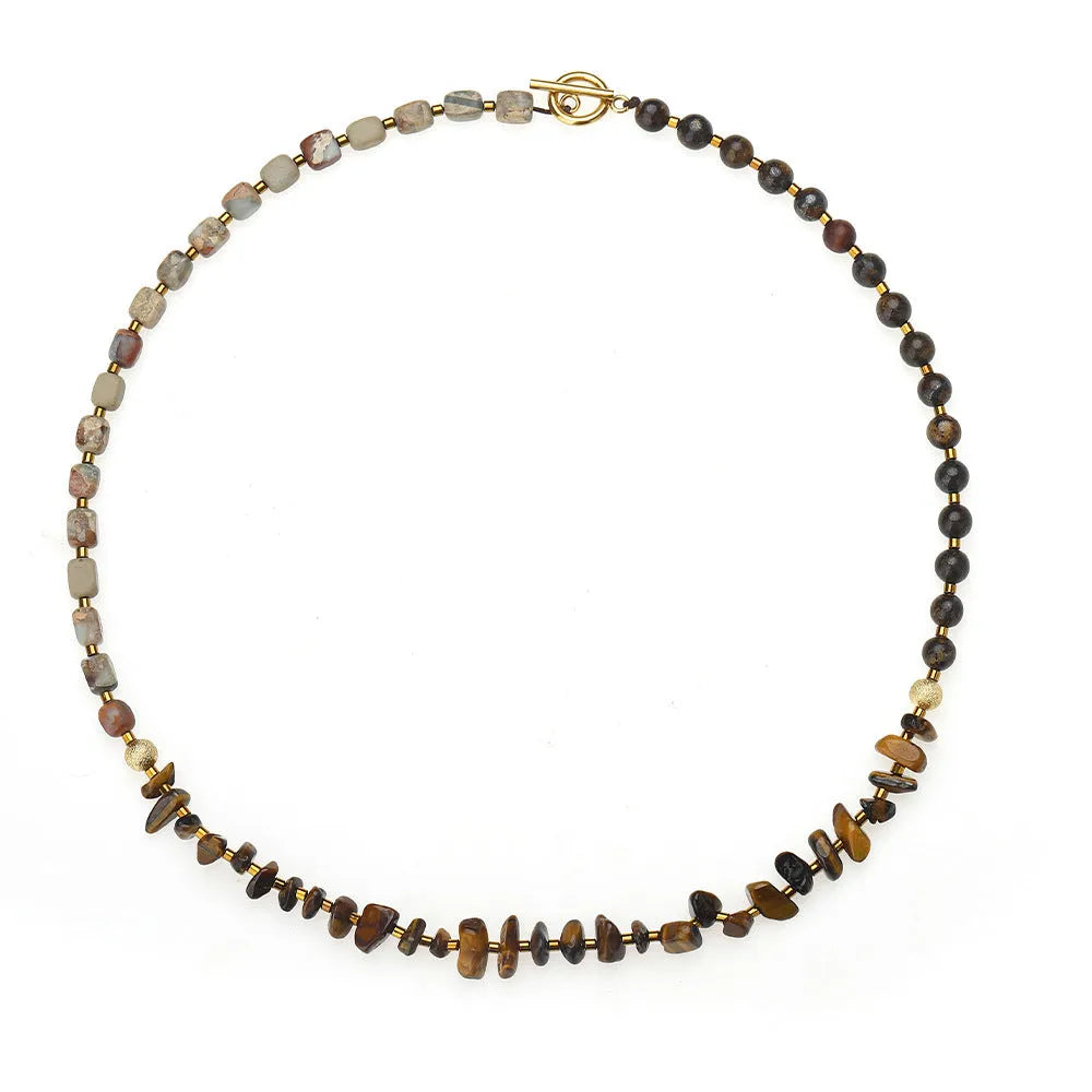 Handmade geometric bracelet made of Tigereye and bronze with bent wire texture, brown colour 3793.