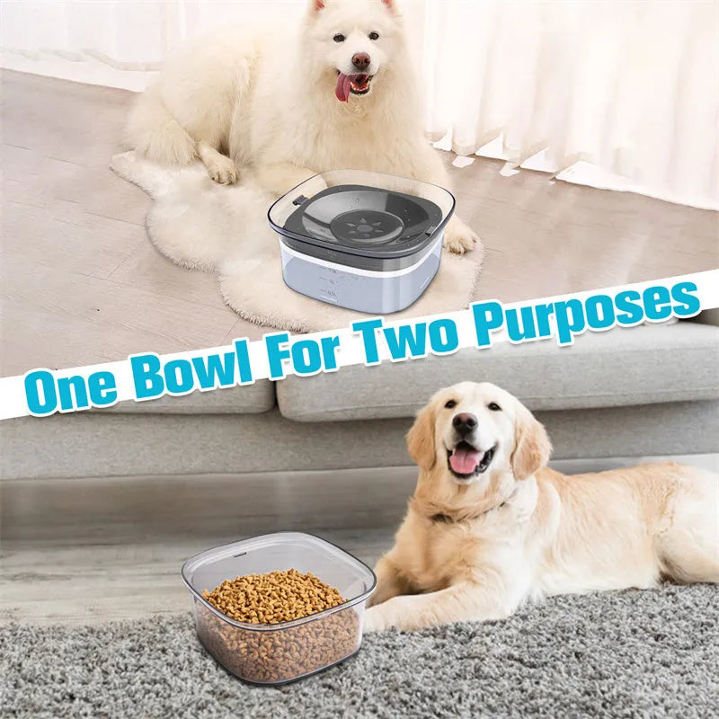 Clear plastic dog water bowl showing water level, with a white floating disc inside on a non-slip base.