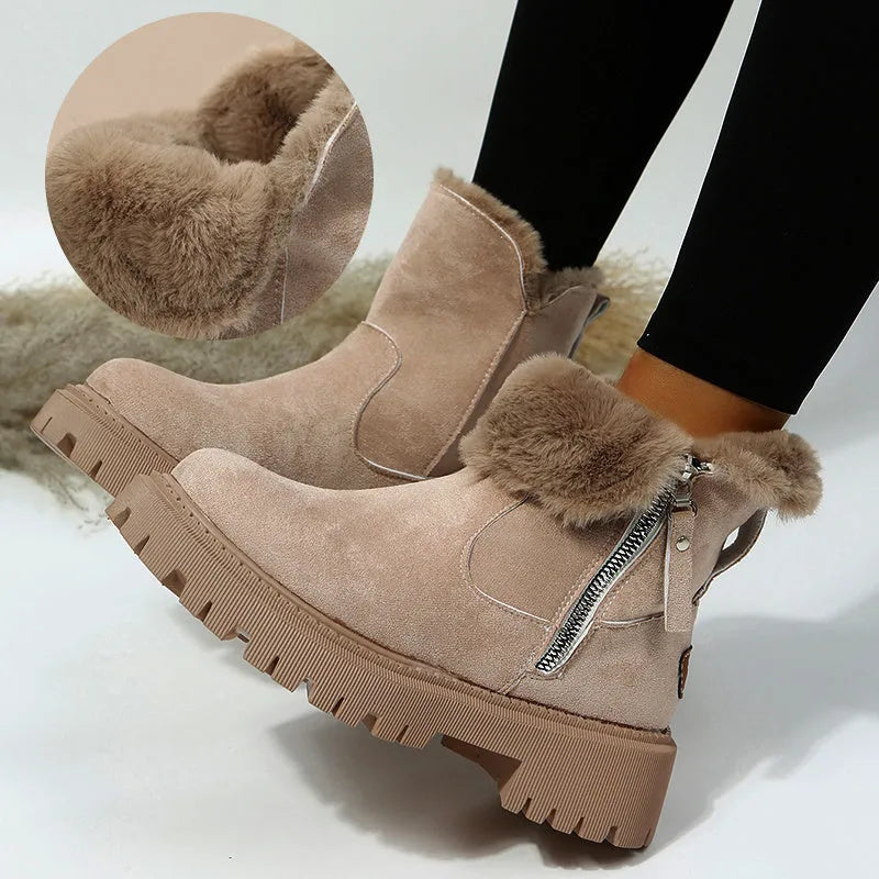 Women's black snow boots with high-top design, side zipper, and non-slip rubber sole for winter