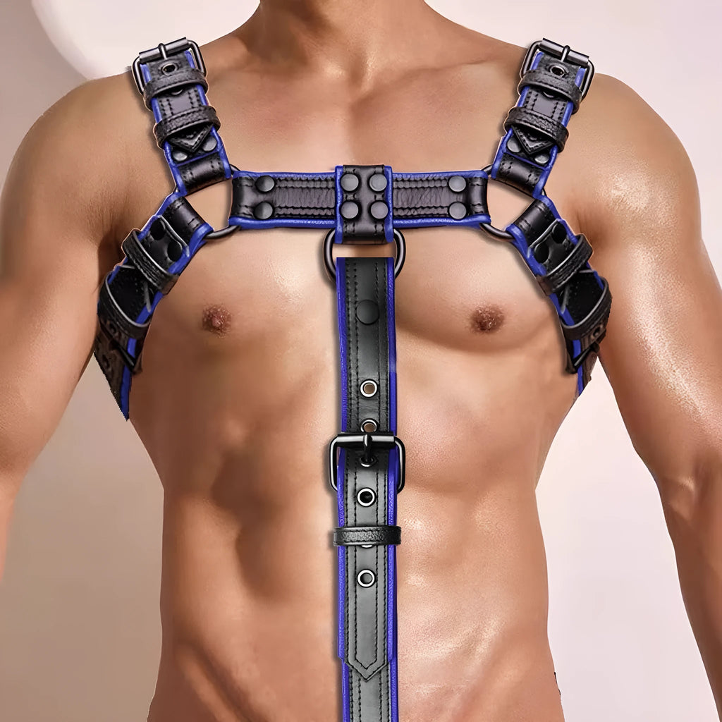 Blue and black leather shoulder strap suspenders with metal buckle adjustment