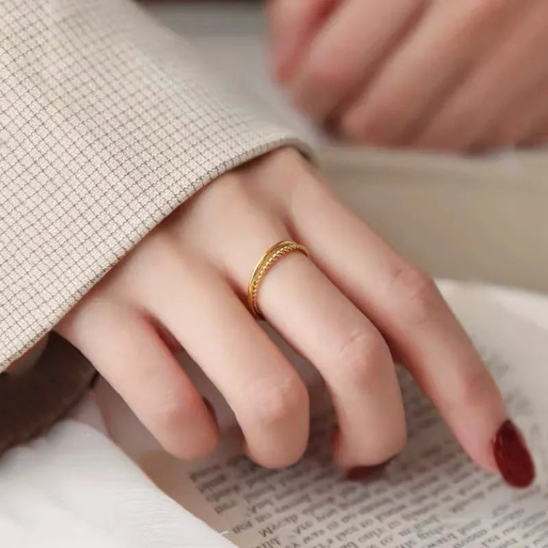 Brass gold plated women's ring shown in Twist Ring, Simple Bracelet Matte, and Simple Bracelet Glossy styles.
