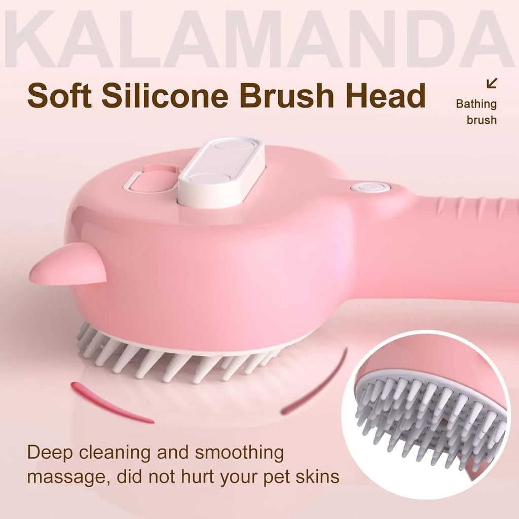 Cat steam brush with blue handle, rubber bristles, and one-click release button for pet grooming