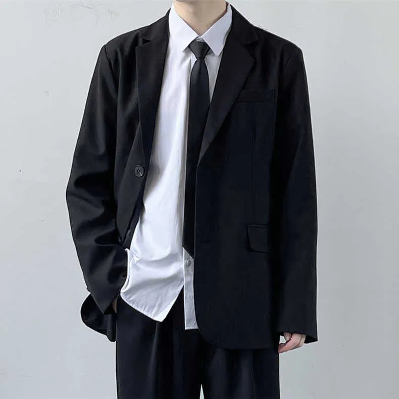 Men's plus size suit jacket with trousers, white shirt, and tie in loose college style cut